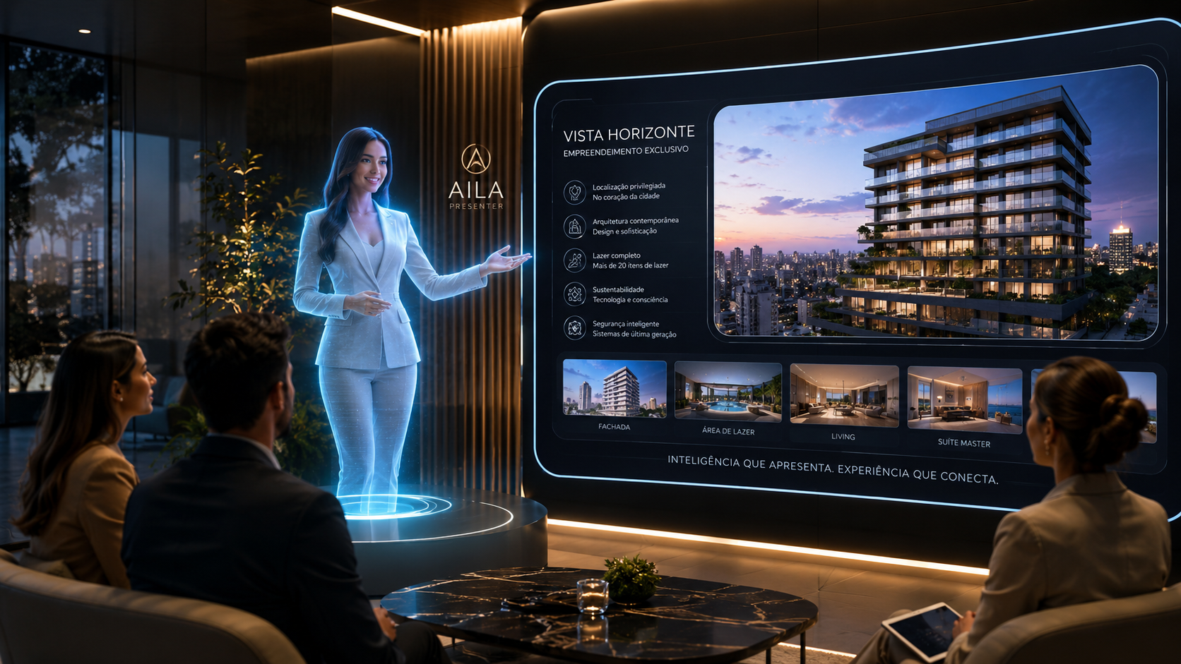 Aila apresentando uma solução em showroom, evento ou sede corporativa